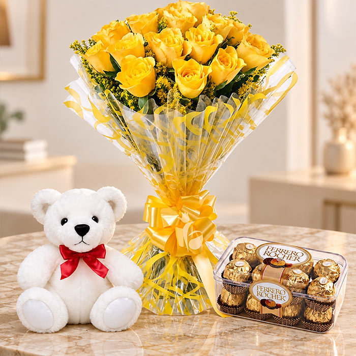 Yellow Roses 12 Pcs Bouquet with Ferrero Rocher & Teddy