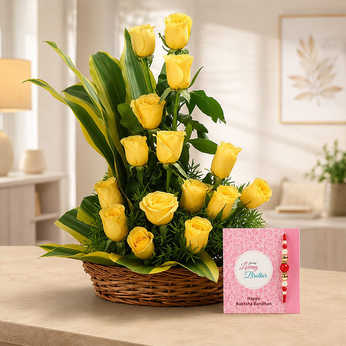 Yellow Roses Basket with Rakhi and Roli Chawal