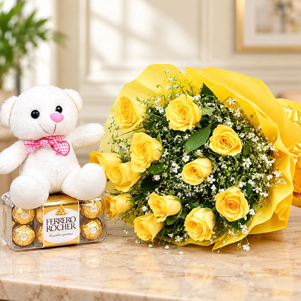 Yellow Roses Bouquet with 16 Ferrero Rocher Chocolates & 6 Inch White Teddy
