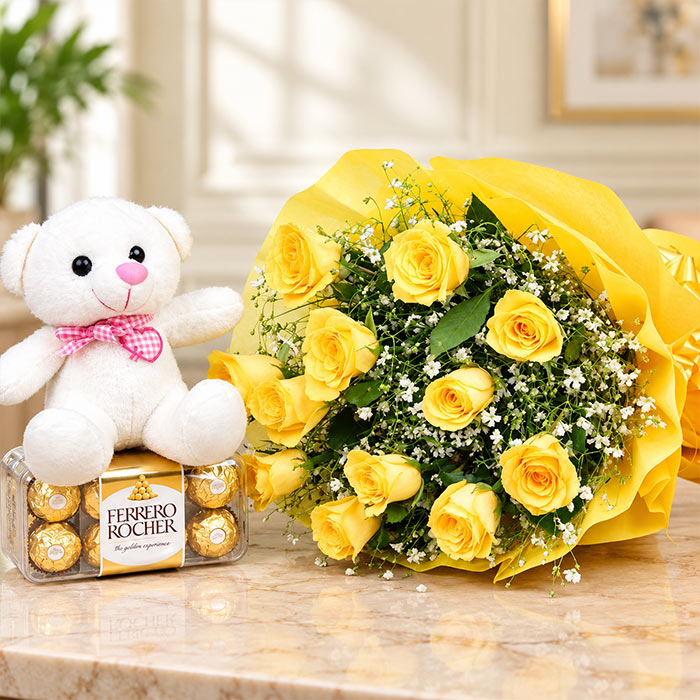 Yellow Roses Bouquet with 16 Ferrero Rocher Chocolates & 6 Inch White Teddy