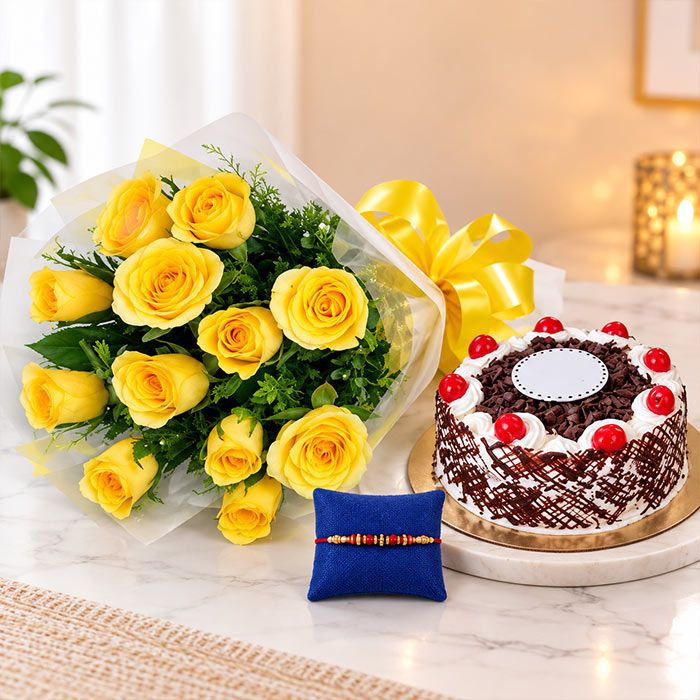 Yellow Roses Bouquet with Half Kg Black Forest Cake & Rakhi