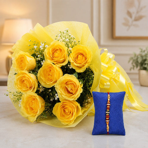 Yellow Roses Bouquet with Rakhi Gift Set