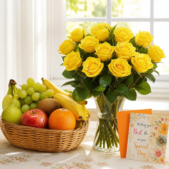 12 Yellow Roses with 2 Kg Fruit Basket - Flower Delivery in Kalyani