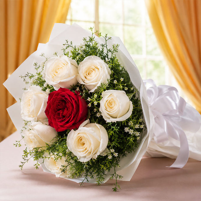 Roses Bouquet with 7 White Roses and 1 Red Rose - Flower Delivery in GiftsGhaziabad