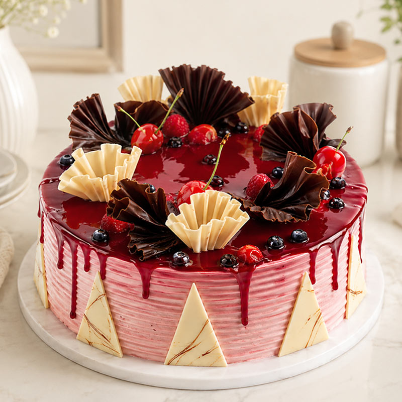 Decorative cake with red frosting, chocolate elements, and cherries on a white surface.