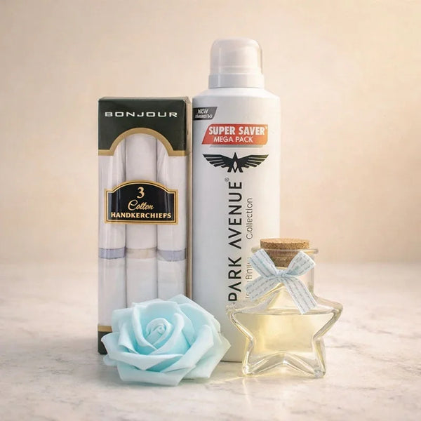 Men’s gift set with cotton handkerchiefs, Dark Avenue deodorant, star bottle, and blue rose.