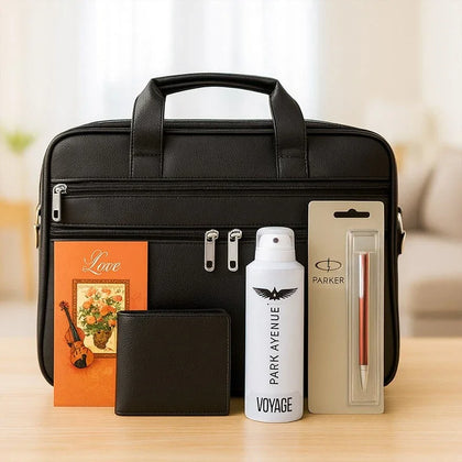 Gift hamper with black laptop bag, wallet, perfume, Parker pen, and greeting card for men