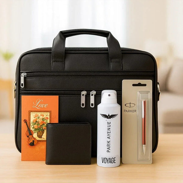 Gift hamper with black laptop bag, wallet, perfume, Parker pen, and greeting card for men