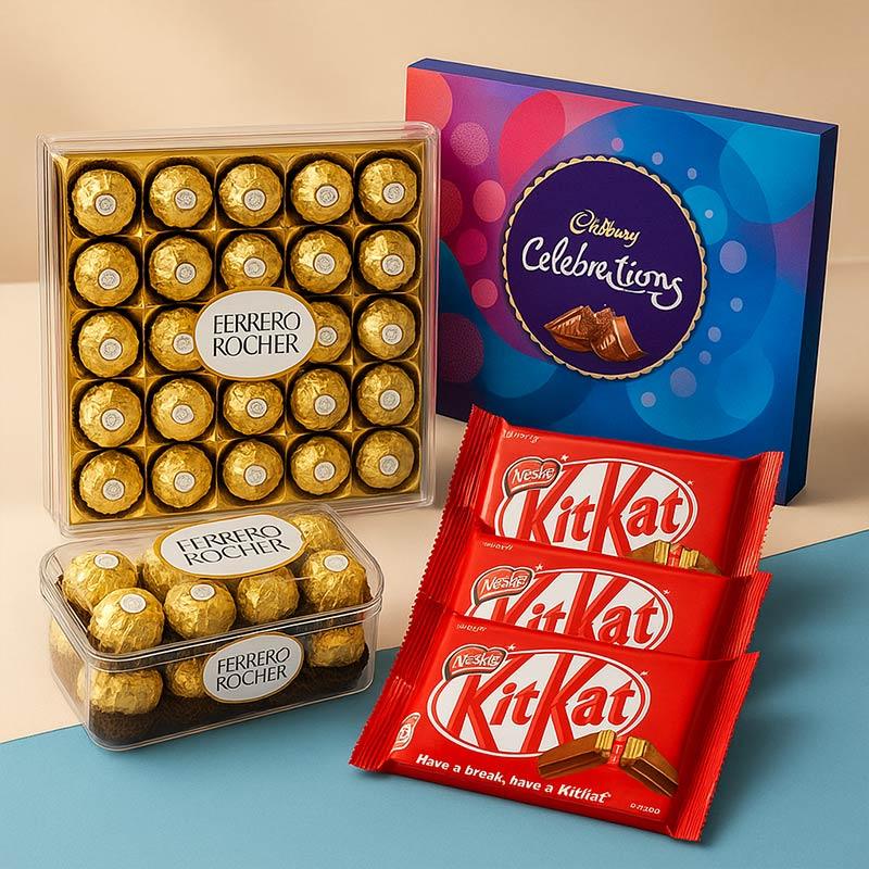 Assorted chocolate bars including Ferrero Rocher and KitKat on a blue surface with a beige background.