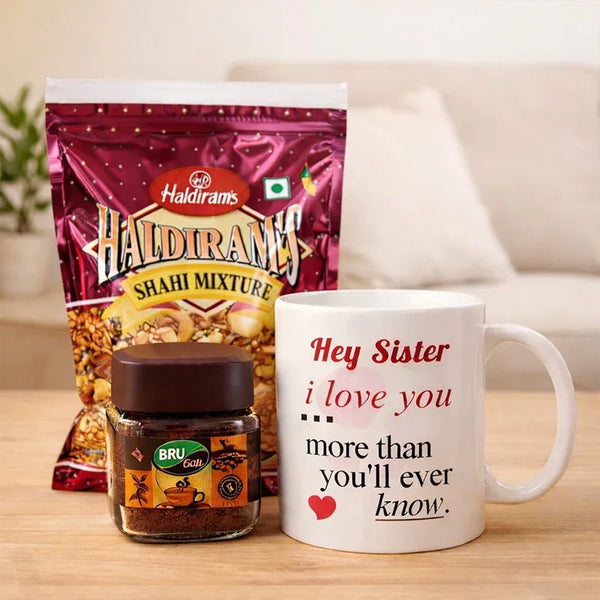 Gift hamper with Haldiram's Shahi Mixture, Bru instant coffee, and sister love mug