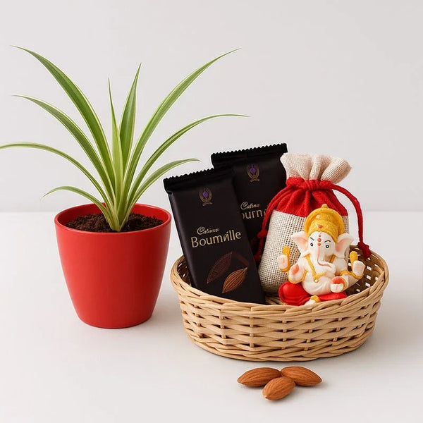 Gift hamper with spider plant in red pot, chocolates, Ganesh idol, pouch, and almonds