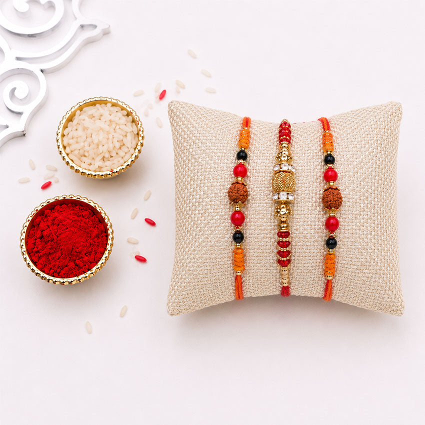 3 Beaded Rudraksha Rakhi Set with Roli Chawal Container