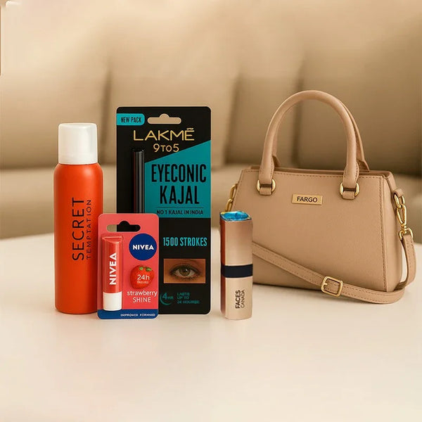 Beauty hamper for her with kajal, lip balm, body spray, lipstick, and beige handbag on a table