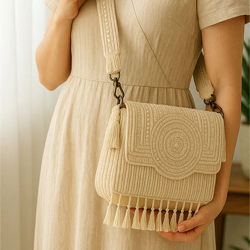 Beige Pearl Embellished Handcrafted Shoulder Bag