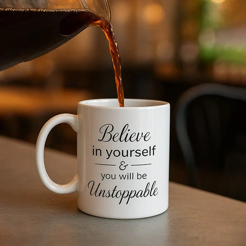White mug with motivational quote being filled with coffee