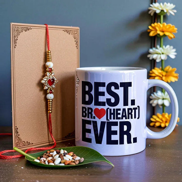 Mug with 'Best. Br.(Heart) Ever.' text, Rakhi, and flowers on a table.