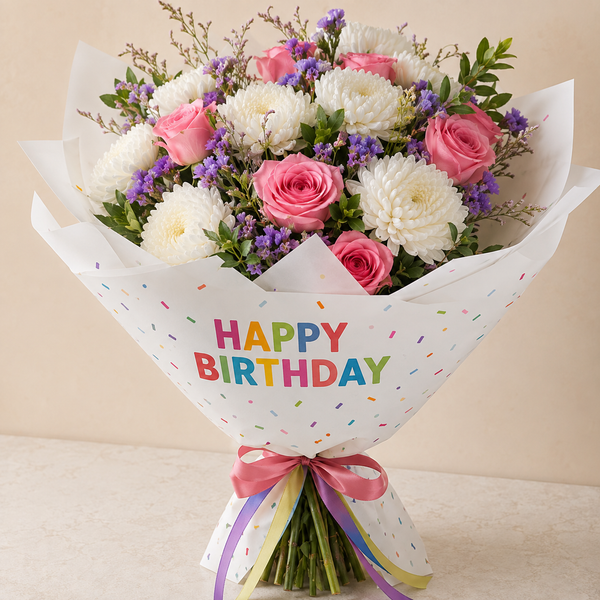 Birthday Bloom Surprise Bouquet with Happy Birthday printed wrapper