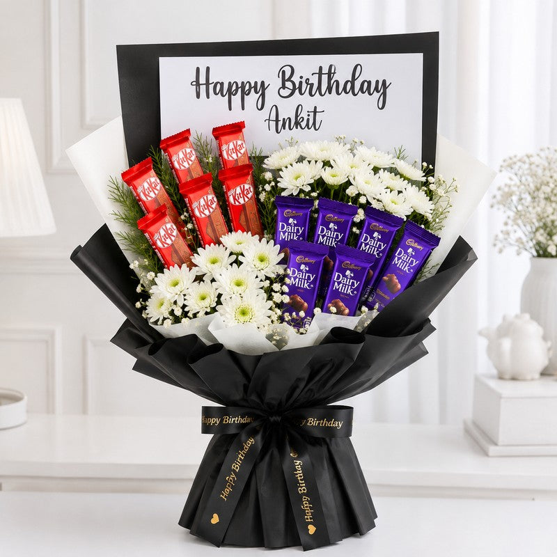 Birthday bouquet with KitKat Dairy Milk and white flowers