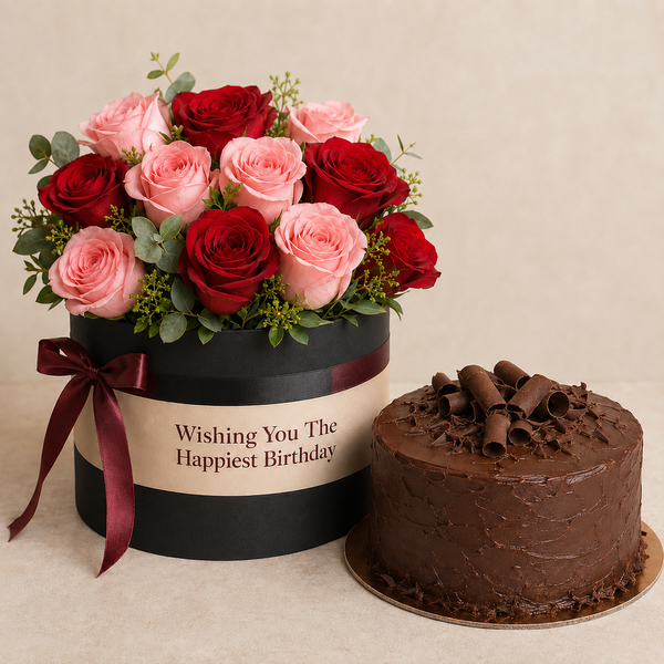 Black birthday rose box and chocolate cake combo