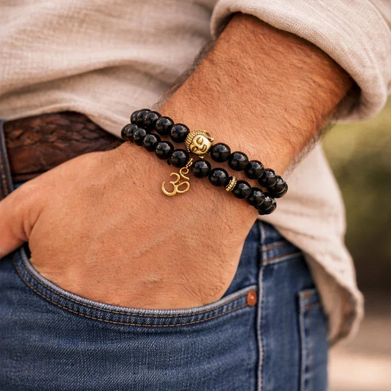 Black Onyx Buddha Om Beaded Bracelet for Men &– Spiritual Meditation Bracelet