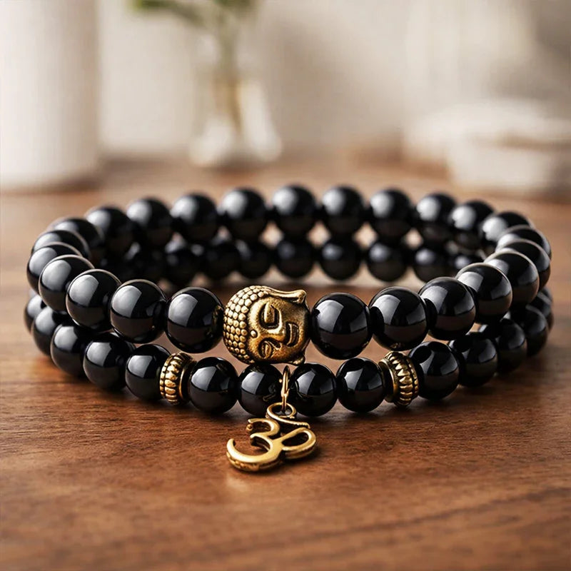 Black Onyx Buddha Om Beaded Bracelet for Men &– Spiritual Meditation Bracelet