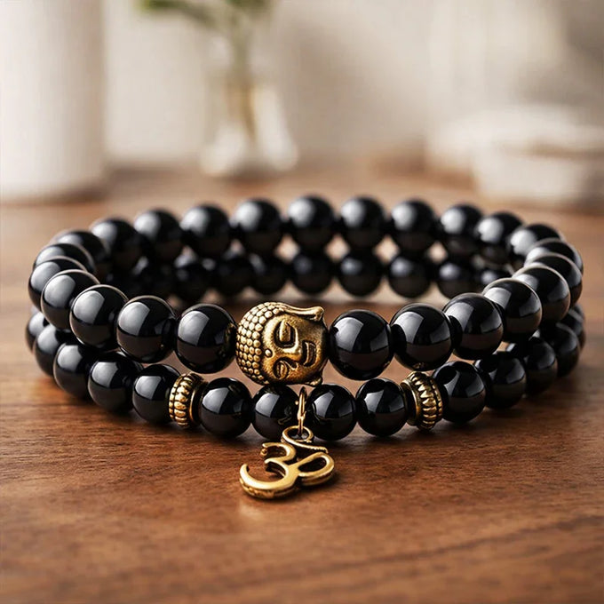 Black Onyx Buddha Om Beaded Bracelet for Men &– Spiritual Meditation Bracelet - Men Jewellery Gift for Men