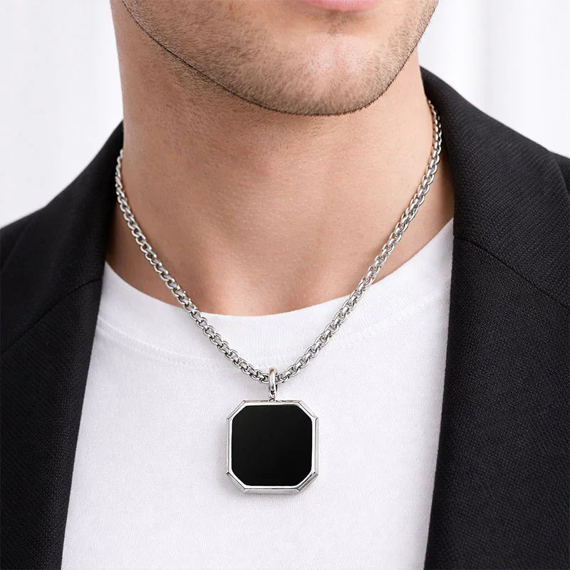 Octagon Black Onyx Pendant Necklace for Men – Silver Finish