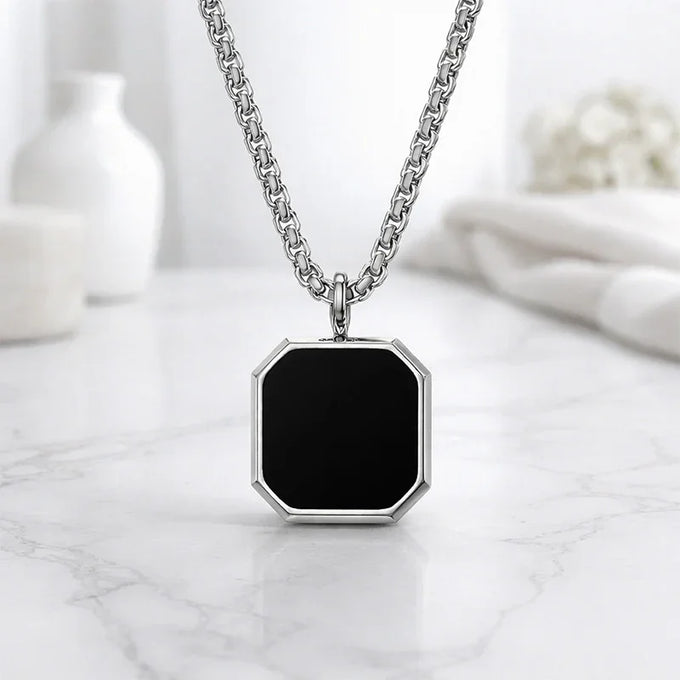 Octagon Black Onyx Pendant Necklace for Men – Silver Finish - Men Jewellery Gift for Men