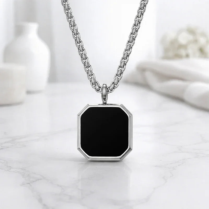 Octagon Black Onyx Pendant Necklace for Men – Silver Finish
