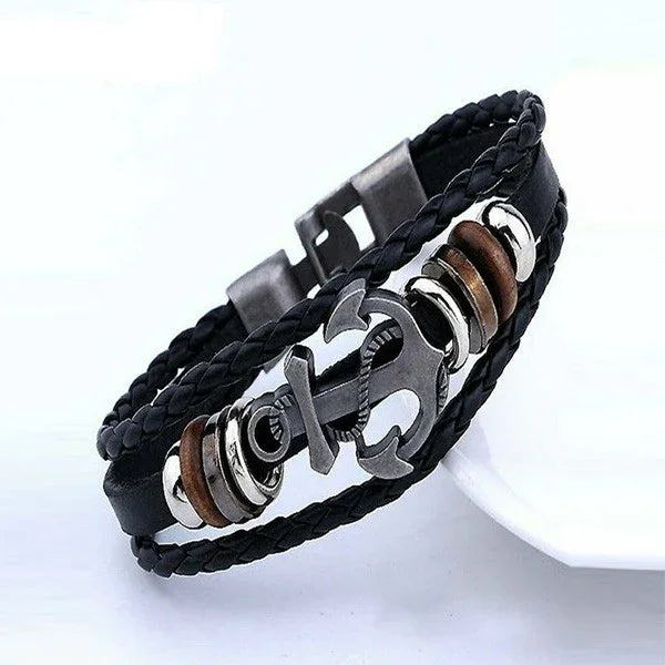 Unisex Black & Silver-Toned Leather Silver-Plated Multistrand Bracelet