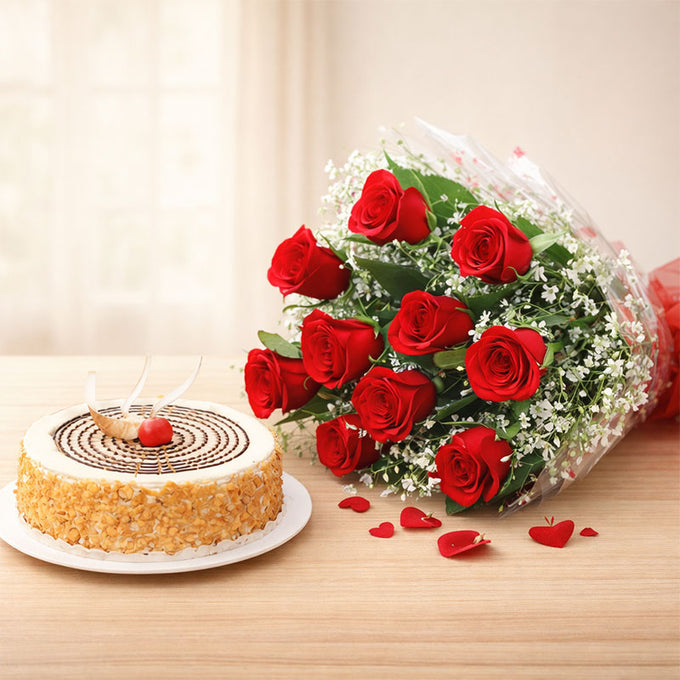 10 Red Roses with Half Kg Butterscotch Cake Combo - Cake Delivery in Kalyani