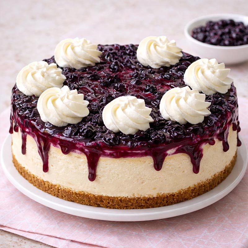 Blueberry cheesecake with white frosting on a pink surface
