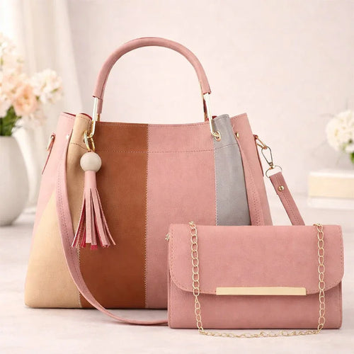 Two handbags, one large and one small, with a tassel detail on a light background.