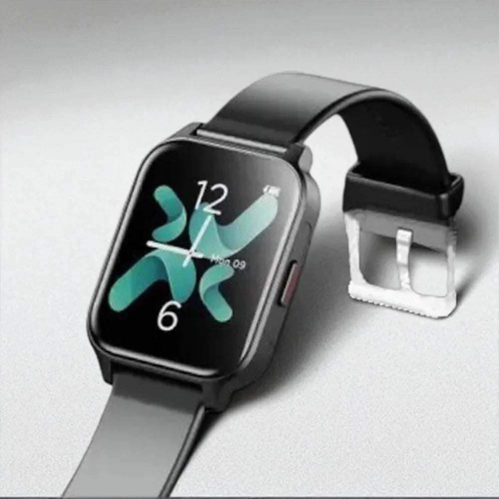 Smartwatch with a black strap on a light gray background