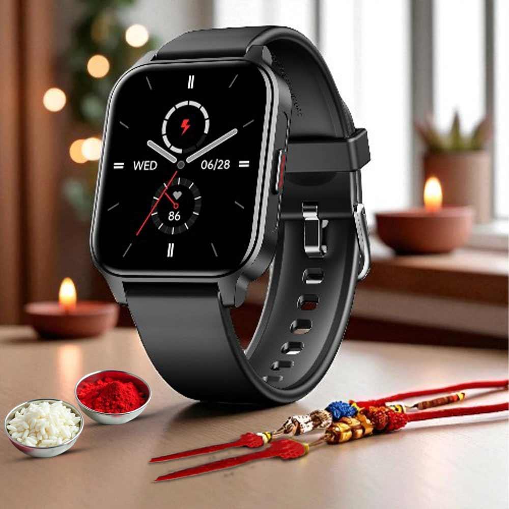 Black smartwatch on a table with decorative items in the background