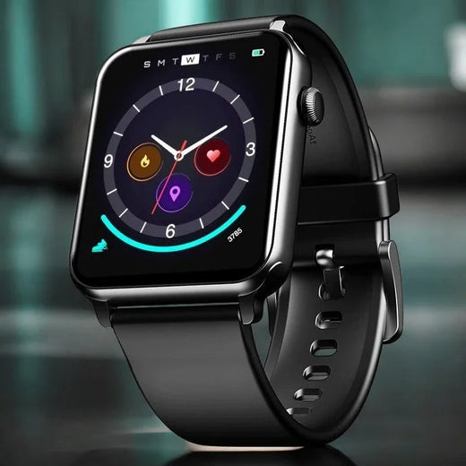 Smartwatch with a black strap on a reflective surface
