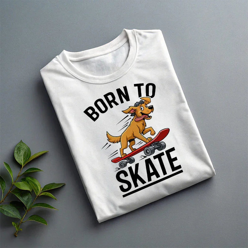 White t-shirt with a dog graphic and 'Born to Skate' text on a gray background