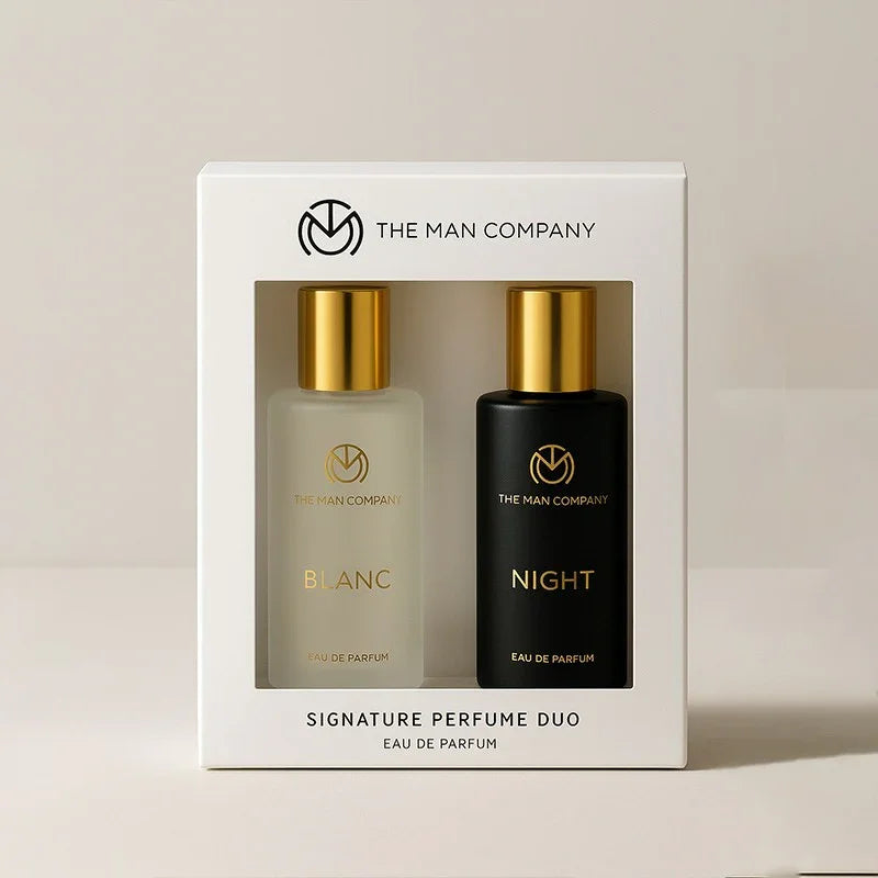 The Man Company perfume duo packaging with 'Blanc' and 'Night' on a beige background
