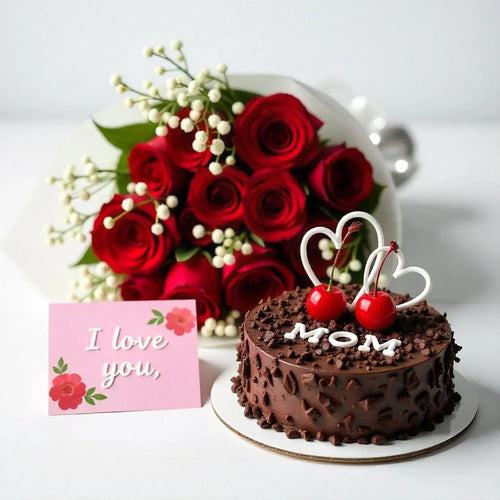 Bouquet of red roses, chocolate cake with 'MOM' topping, cherries, and I love you card