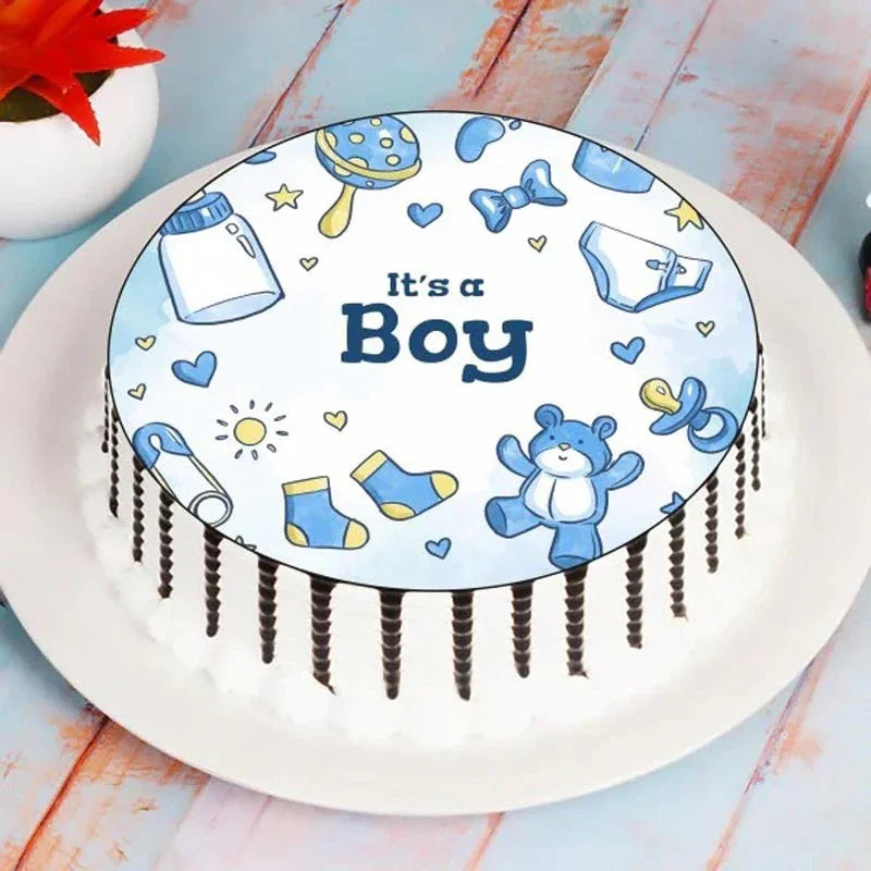Round cake with 'It's a Boy' text and baby-themed illustrations on a white plate.