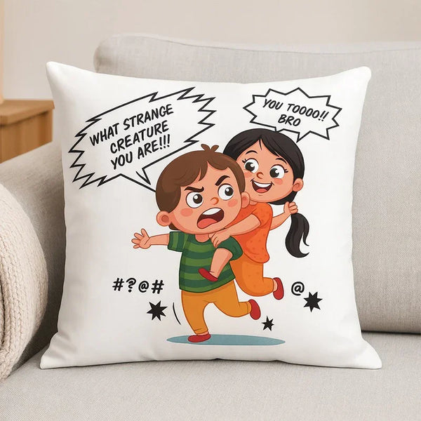 Cartoon brother and sister playfully fighting print 