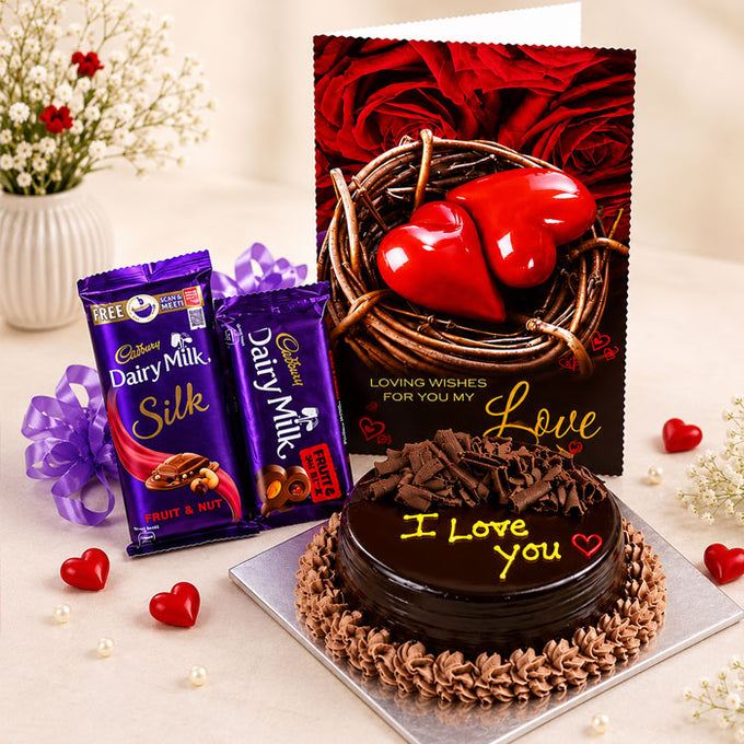 Chocolate Cake with Cadbury Silk, Fruit & Nut & Love Greeting Card