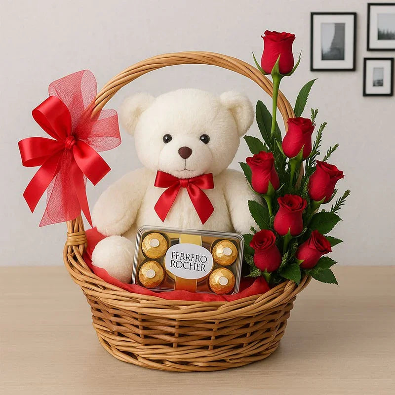 Gift basket with white teddy bear, Ferrero Rocher chocolates, red roses, and red ribbon