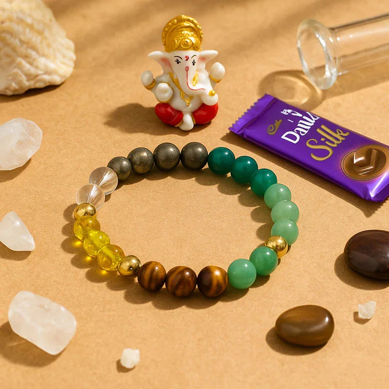 Chakra Healing Crystal Bracelet with Ganesha Idol & Dairy Milk Silk – Spiritual Gift Combo