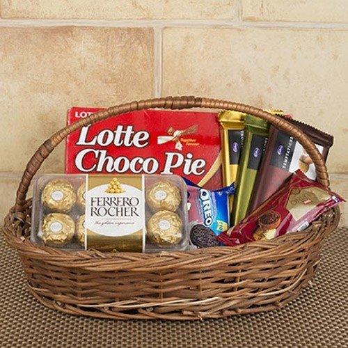 Chocolate gift basket with Ferrero Rocher, Lotte Choco Pie, Oreo, assorted Cadbury bars