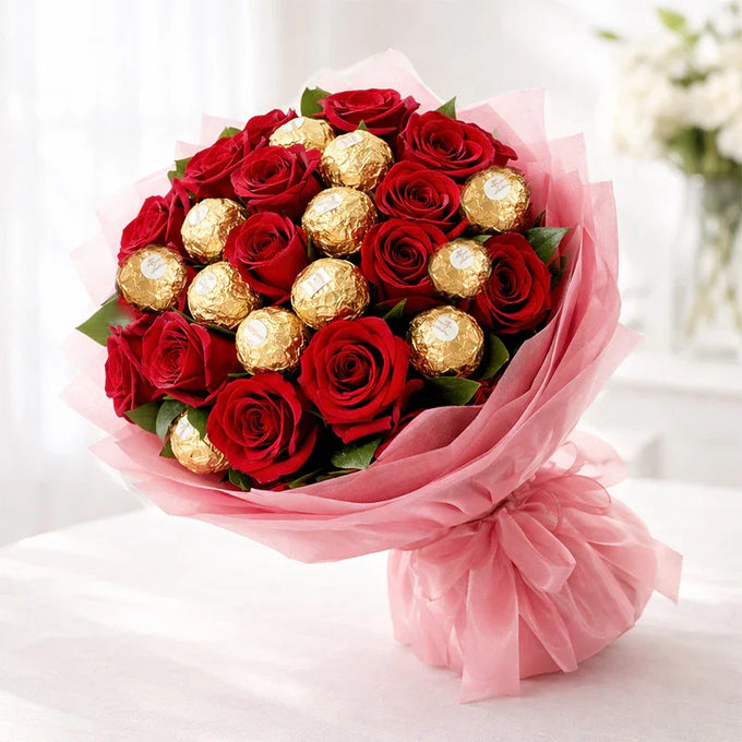 Red Roses Bouquet with 12 Ferrero Rocher Chocolates