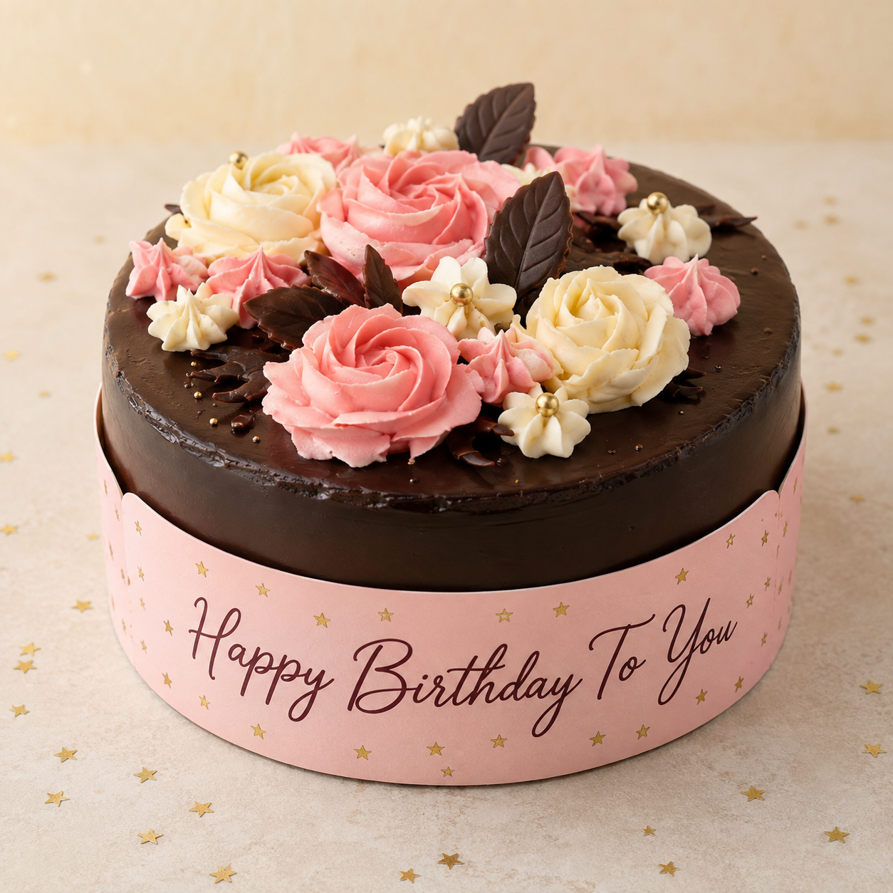 Chocolate Birthday Garden Cake with printed Happy Birthday paper collar
