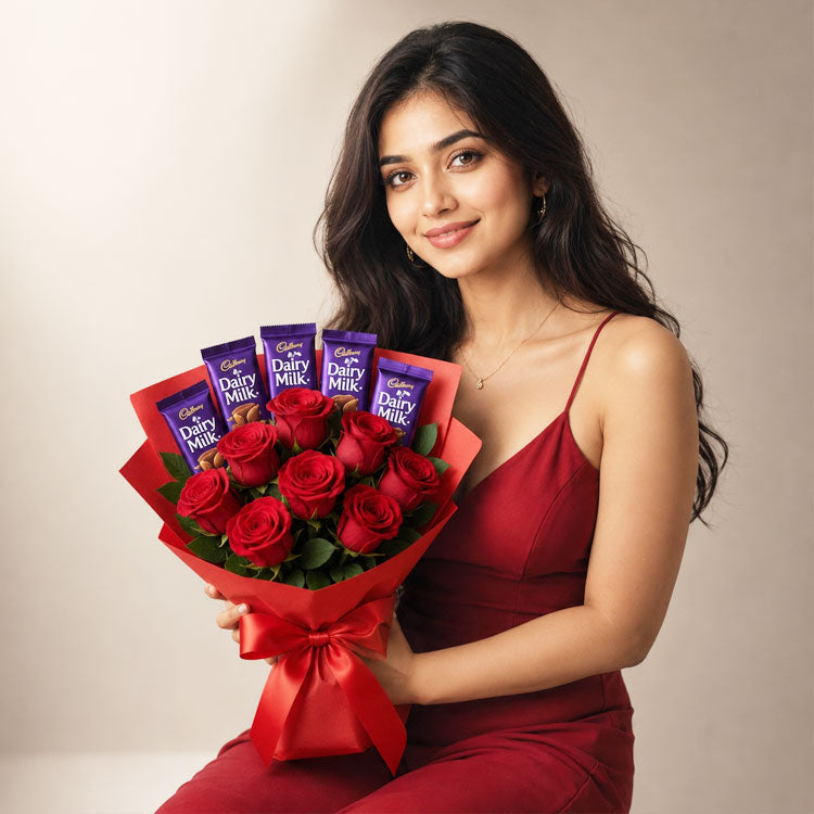 Woman holding a bouquet of red roses and Cadbury Dairy Milk chocolate bars against a plain background