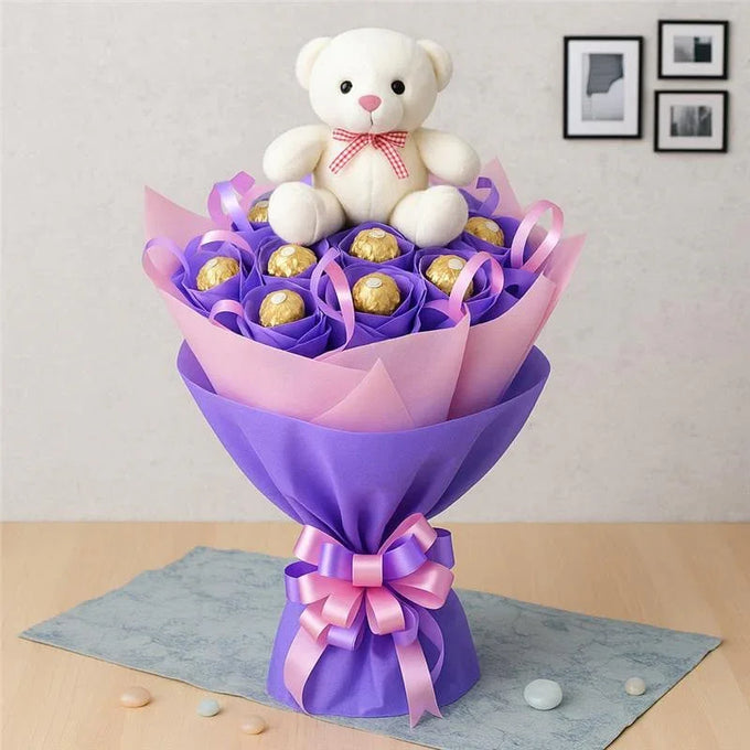 Ferrero Rocher Chocolate Bouquet with 6 Inch Teddy Bear