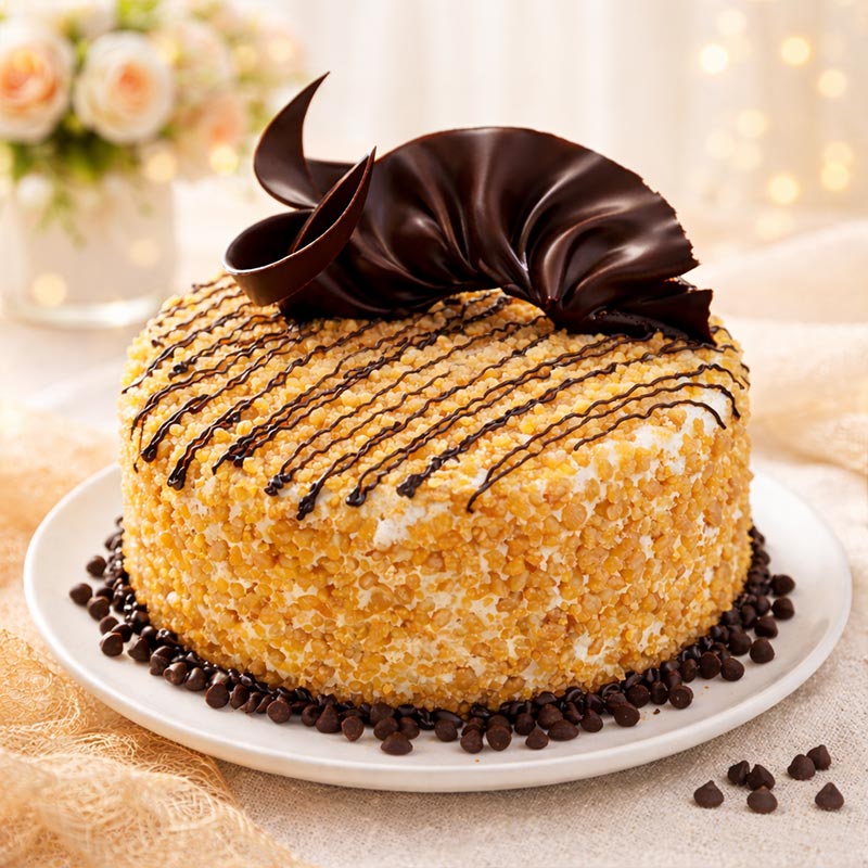 Decorative cake with chocolate drizzle and decorations on a plate.